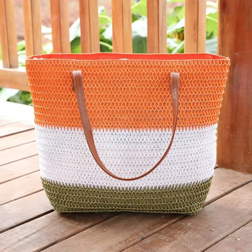 Miniatura 67 de Bolso grande de paja para mujer, tejido de ratán, bolso de playa de verano, a rayas
