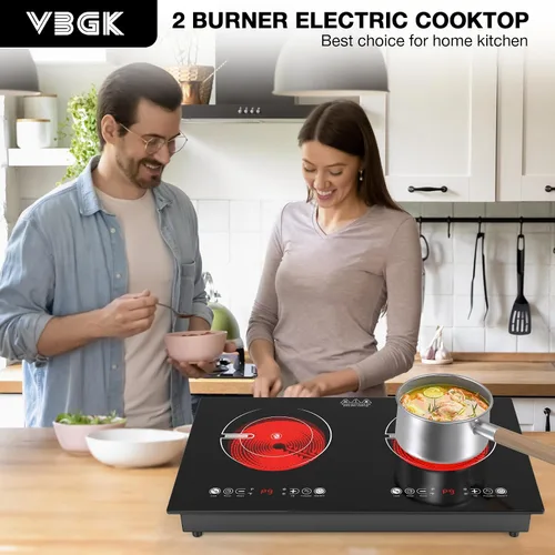 Miniatura 8 de VBGK Placa de cocina eléctrica de 3 quemadores, estufa eléctrica de 24 pulgadas, control táctil y de perilla, LED, 9 niveles de potencia, bloqueo