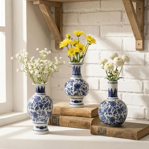 Goaste Paquete de 3 jarrones pequeños de porcelana azul y blanca, mini jarrones vintage de 5.5 pulgadas de alto, jarrón decorativo clásico, jarrón