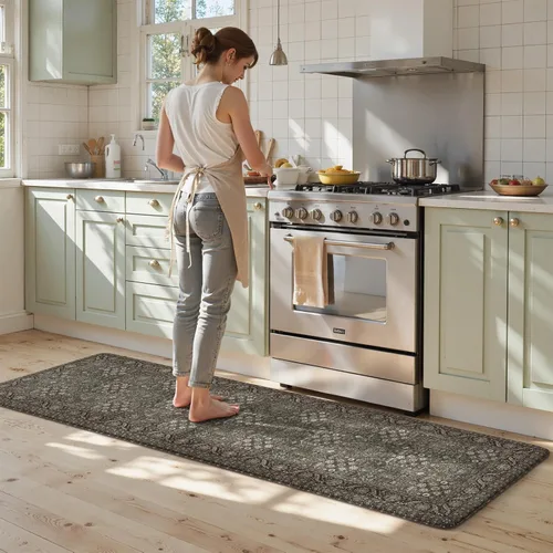 Miniatura 27 de KIMODE Alfombra de Cocina Antifatiga 2 Piezas, Alfombras de Cocina Antideslizantes e Impermeables, Alfombra de Cocina de Estilo Rústico en Gris