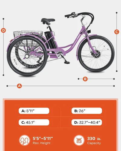 Miniatura 9 de VIRIBUS Triciclo eléctrico para adultos, triciclo eléctrico de 24 26 pulgadas con batería extraíble de 468 Wh, 250 W/350 W (pico 500 W) bicicletas