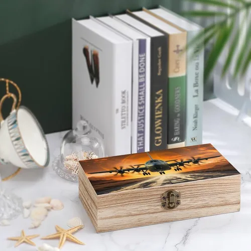 Miniatura 5 de Caja de almacenamiento de madera, joyero de madera vintage con tapa con bisagras, aterrizaje de avión militar en pistas de la fuerza aérea contra
