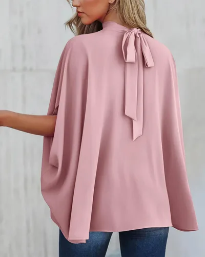 Miniatura 55 de BTFBM Blusas de verano para mujer, cuello alto falso, manga murciélago, holgadas, dobladillo alto y bajo, blusas informales de gran