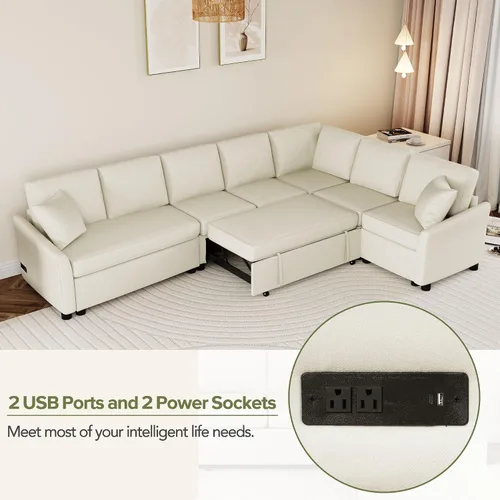 Miniatura 6 de JIVOIT Sofá cama moderno en forma de L con dos almohadas de respaldo, sofá cama modular de 124.8 pulgadas con cama extraíble, sofá modular Beige 052