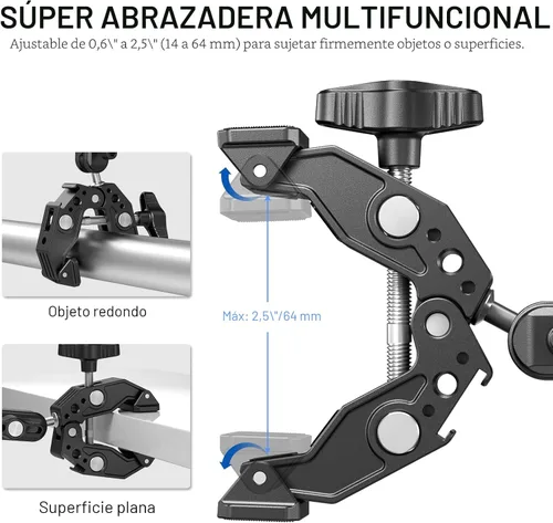 Miniatura 3 de NEEWER Super Clamp con Brazo Mágico de Cabeza Esférica Doble de 3", Zapata Fría, Roscas de 1/4", Adaptador de Montaje para Cámara de Teléfono/Acción