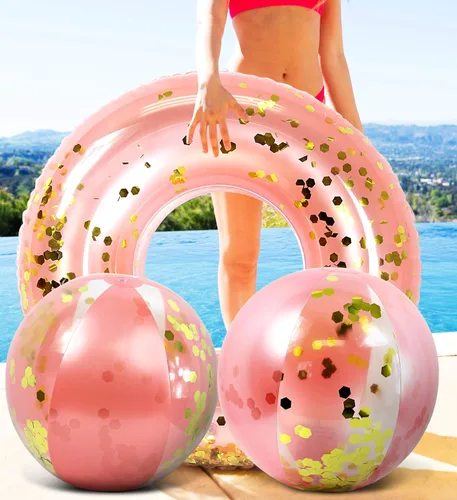 Miniatura 6 de Mozlly Paquete de pelotas de playa inflables de oro rosa y tubo de flotador de piscina, flotador de piscina y bola de playa con purpurina