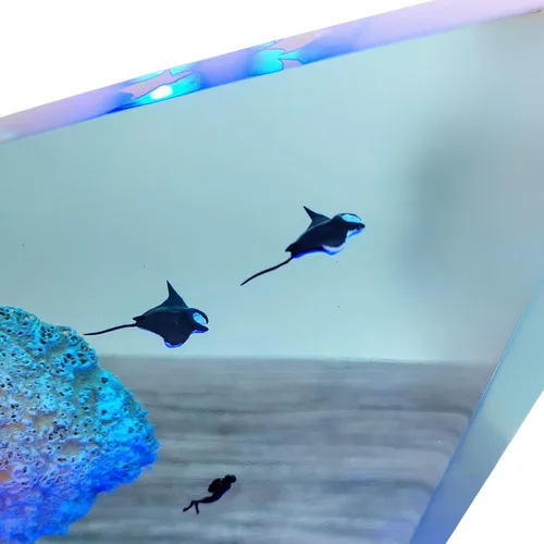 Miniatura 3 de Manta Ray and Diver - Lámpara de madera de resina para buceo, lámpara de mar azul profundo, diorama temático del océano, lámpara de rayas de rayas