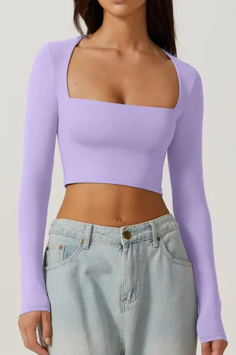 Miniatura 3 de QINSEN Camiseta corta sexy de manga larga con cuello cuadrado para mujer