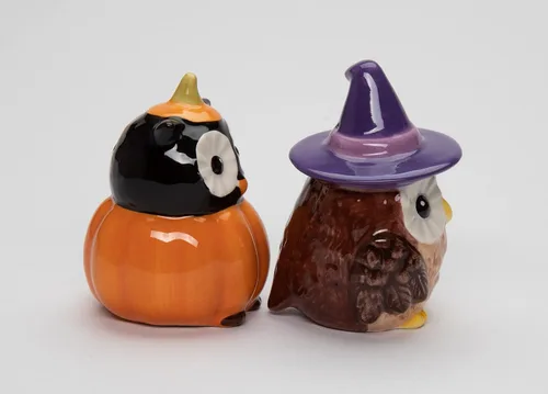 Miniatura 5 de Juego de salero y pimentero de cerámica fina para Halloween, búho bruja y calabaza, 2-7/8 pulgadas de alto