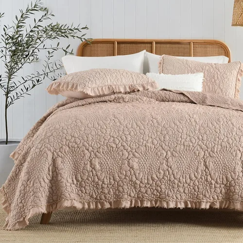 Miniatura 16 de HORIMOTE HOME Edredón beige con volantes, tamaño individual, microfibra lavada a la piedra, ligera, arrugada, rústica, desgastada, elegante, 2