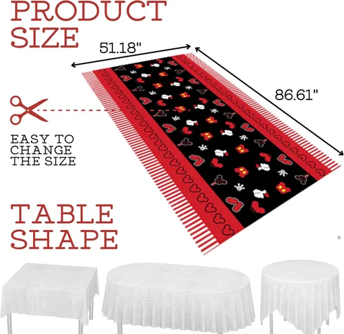 Miniatura 2 de 3 manteles de cumpleaños de ratón para fiestas de 51 x 87 pulgadas, manteles de plástico negro y rojo para niños y niñas, mantel rectangular