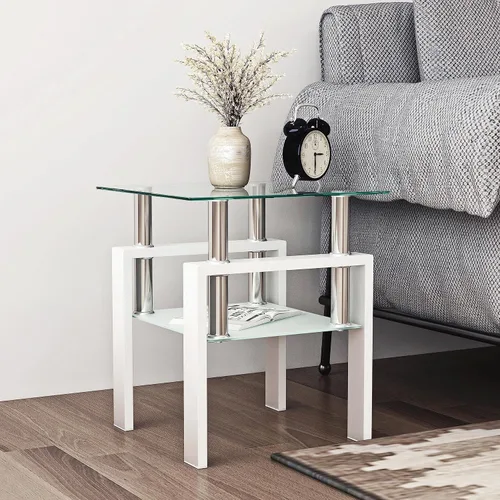Miniatura 6 de Mesa auxiliar pequeña de cristal, mesa auxiliar blanca de 2 niveles con patas de metal, mesa auxiliar cuadrada, elegante y resistente para espacios