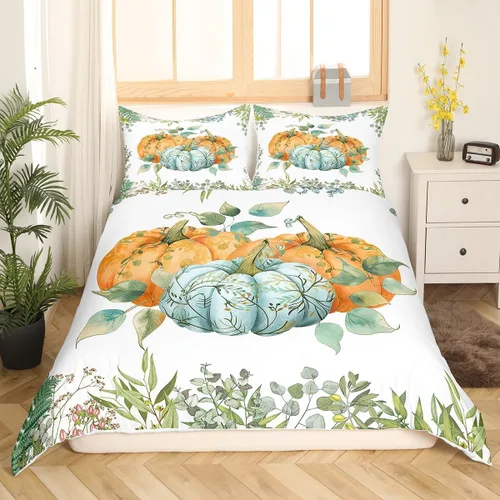 Miniatura 3 de Manfei Juego de funda de edredón de calabazas de otoño, tamaño individual, juego de ropa de cama floral de hojas verdes, 2 piezas para decoración