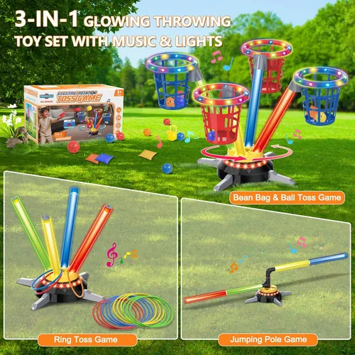 Miniatura 3 de TERRAMUS Juego de Lanzamiento de Anillos de Puf 3 en 1 para Niños, Juegos de Salto Musical Recargables con Luz LED y Control Remoto, Base Giratoria