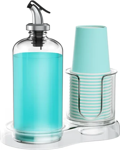 Dispensador de enjuague bucal para baño con portavasos, contenedor de vidrio desmontable para enjuague bucal de 16 onzas, dispensador de enjuague
