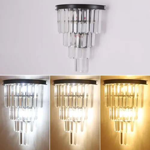 Miniatura 6 de Aplique de pared de cristal negro, moderno K9 de 4 niveles, lámpara de pared de cristal transparente para sala de estar, dormitorio, espejo