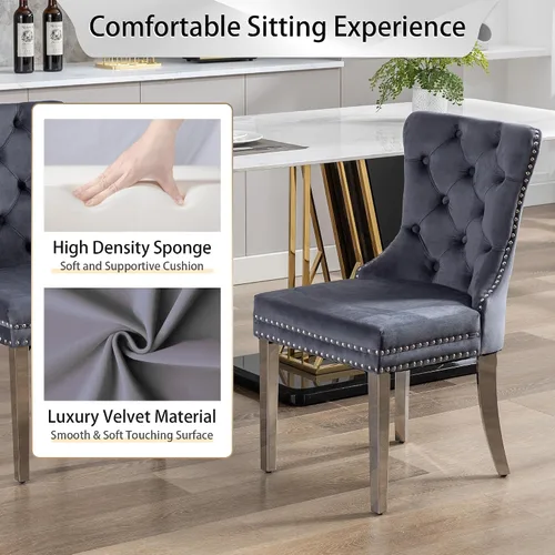 Miniatura 5 de Juego de 2 Sillas de Comedor, Sillas de Terciopelo Acolchado con Patas Modernas de Acero Inoxidable, Ribete de Remaches con Anilla Metálica