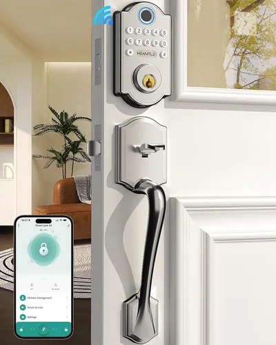 Juego de Cerradura de Puerta con Huella Dactilar sin Llave: Cerradura de Puerta Principal HEANTLE WiFi con Manijas - Conjuntos de Pestillo