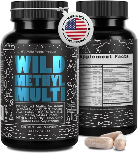 Multivitamínico metilado Wild para mujeres y hombres | Multivitamina diaria | Suplemento MTHFR sin hierro | B12 metilado, folato, vitamina C, A, K2,