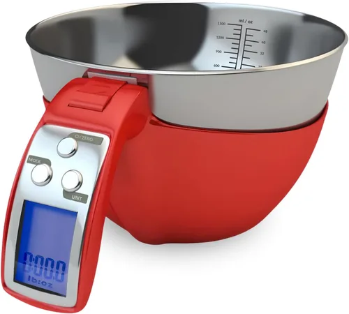 Fradel Báscula digital de cocina con cuenco (extraíble) y taza medidora, acero inoxidable, luz de fondo, capacidad de 11 libras, para cocinar, Rojo