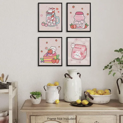 Miniatura 4 de Decoración de pared de anime japonés Kawaii para comedor, bonita decoración de cocina rosa, carteles estéticos de conejo y fresa, impresiones
