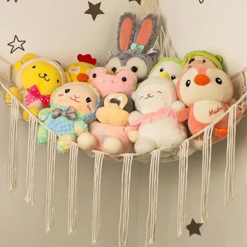 Miniatura 3 de Hamaca Esquinera para Animales de Peluche, Red Grande de Juguetes de Peluche Tejida a Mano con Anillos de Madera Almacenamiento Boho Lindo