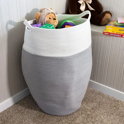 Miniatura 6 de Home-Complete - Cesta de lavandería curvada de cuerda de algodón con asas para sala de estar, dormitorio, baño, guardería y cuarto de servicio (gris)