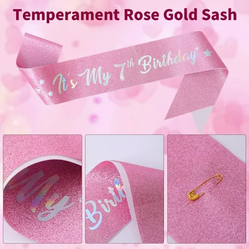 Miniatura 5 de Banda y tiara de cumpleaños número 7 con vela y corona de strass, mi 7º cumpleaños, topper de pastel de feliz cumpleaños, 7 globos de papel