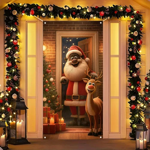 Miniatura 14 de BlissYard Cubierta de puerta de Feliz Navidad de 71 x 35 pulgadas, pancartas para puerta de porche delantero, decoración de invierno, Papá Noel
