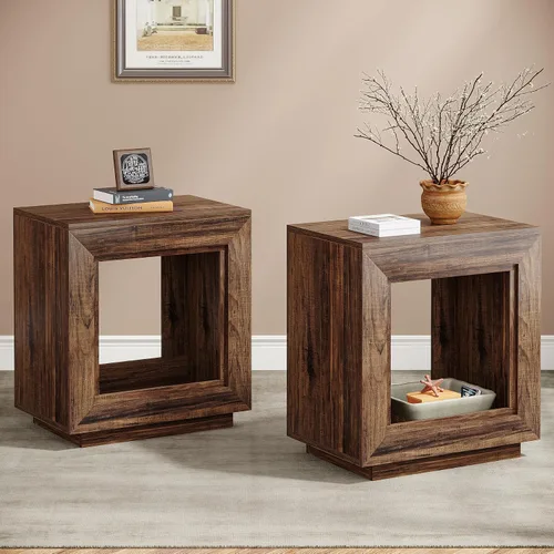 Miniatura 9 de Tribesigns Mesa auxiliar de madera rústica, mesa auxiliar cuadrada de 2 niveles con estante de almacenamiento, mesa auxiliar industrial para sofá