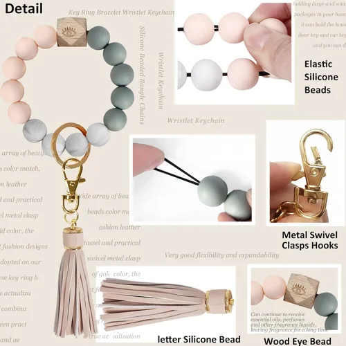 Miniatura 3 de BIHRTC - Pulserallavero para enganchar las llaves del auto, brazalete con cuentas de silicona para mujer