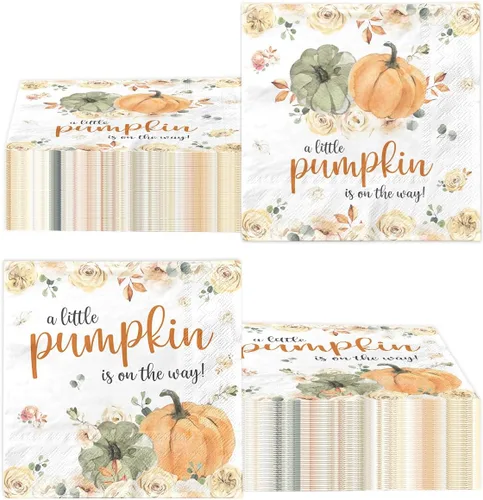 A Little Pumpkin is on The Way - 40 servilletas de calabaza pequeña para baby shower, decoración de fiesta de otoño, calabaza, floral, niño y niña,