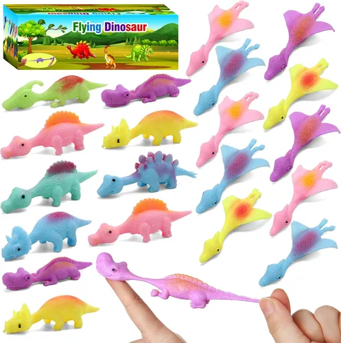 20 Piezas Juguetes de Dedo de Dinosaurio con Tirachinas, Juguetes de Halloween Regalos de Fiesta para Niños Goma Pegajosa Dino Catapulta Voladora