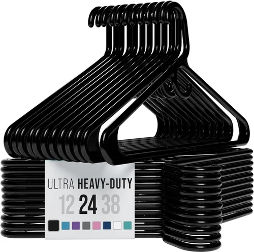 NEATERIZE Perchas gruesas y resistentes, paquete de 24 perchas de plástico color negro, ideales para colgar abrigos, chaquetas, jeans y colgadores