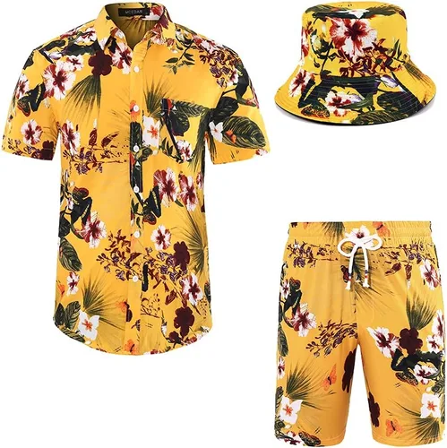 MCEDAR Conjunto de camisa hawaiana y pantalón corto para hombre, conjunto de 2 piezas para vacaciones, casual, con botones, playa, trajes florales