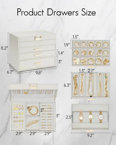 Miniatura 5 de Vlando Joyero grande de 4 capas Organizador de joyas, organizador de joyero para cajón, collar, anillo, pulsera y reloj, regalo de cumpleaños