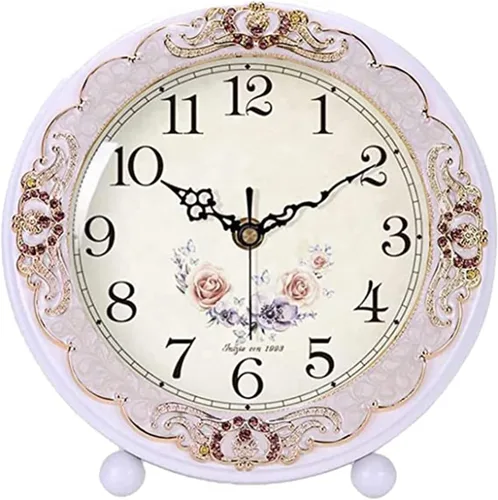 Miniatura 7 de Justup Reloj de mesa vintage, estilo retro europeo sin tictac, reloj de escritorio operado con baterías, movimiento silencioso de cuarzo para Marrón