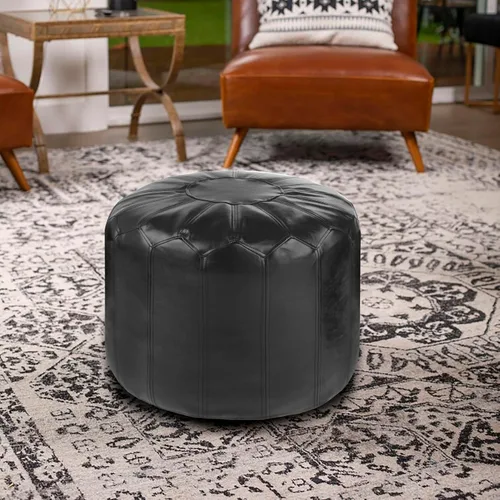Miniatura 2 de Reposapiés redondo de piel sintética con estilo, solución de almacenamiento para muebles de sala de estar. Diseño inspirado en Marruecos y costuras