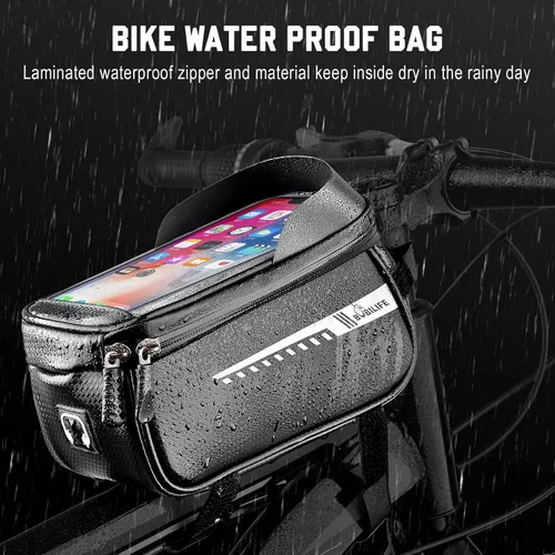 Miniatura 7 de Bolsa para marco de bicicleta con soporte para teléfono celular, bolsa de tubo frontal impermeable para bicicleta con funda de teléfono compatible