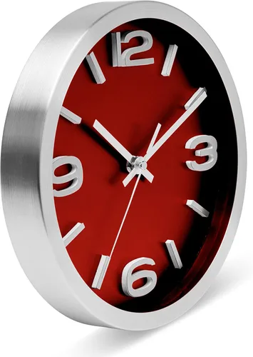 Miniatura 6 de Bernhard Products Reloj de pared de metal, moderno, plateado y vino, 10 pulgadas, silencioso, sin tictac, redondo, color rojo, elegante, cuarzo