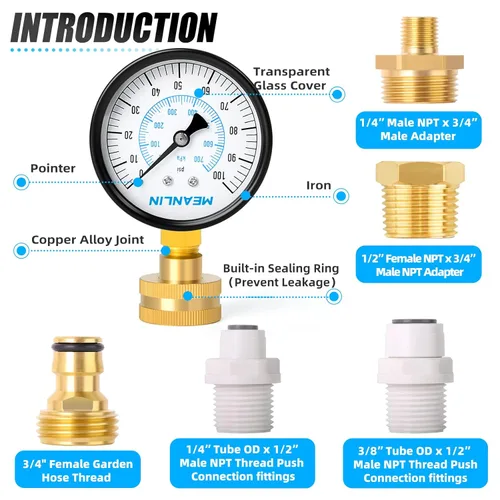 Miniatura 4 de MEANLIN MEASURE Kit de presión de agua hembra de 0 ~ 100 psi, 3/4 pulgadas más 5 adaptadores, dial de cara de 2.5 pulgadas, kit de manómetro