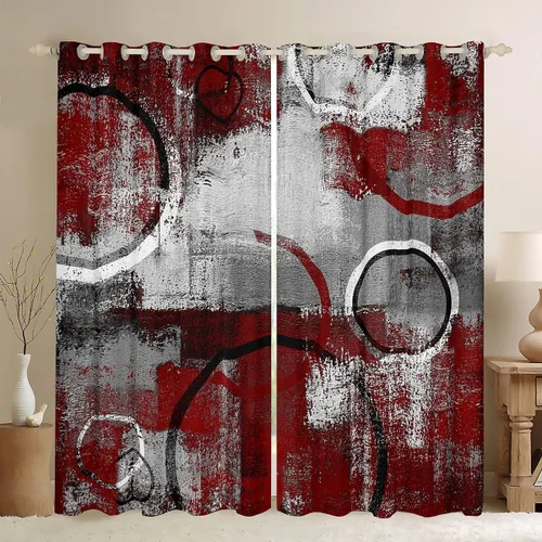 Miniatura 11 de Cortina de ventana de rayas rojas y negras, cortinas abstractas con ondas circulares, cortinas geométricas para tratamiento de ventanas para niños