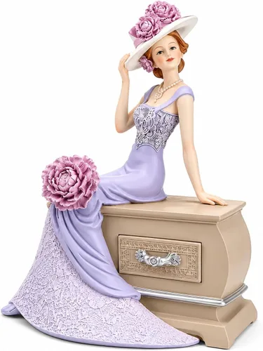 Comfy Hour Figura de vestido de dama victoriana en lavanda, elegante estatua de mujer sentada en la base decorativa del pecho, acento de decoración