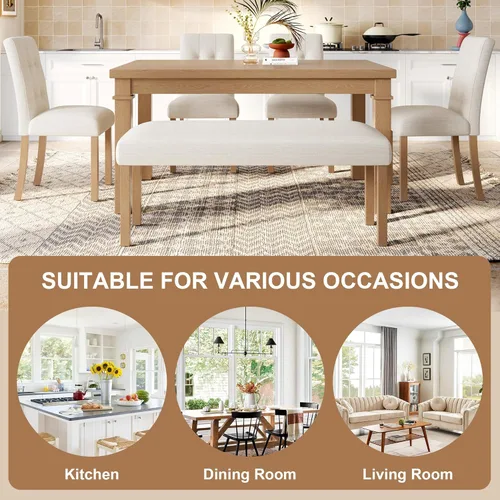 Miniatura 5 de P PURLOVE Juego de mesa de comedor de 6 piezas, mesa de cocina rectangular de madera con 4 sillas tapizadas, 1 banco para comedor y sala de estar