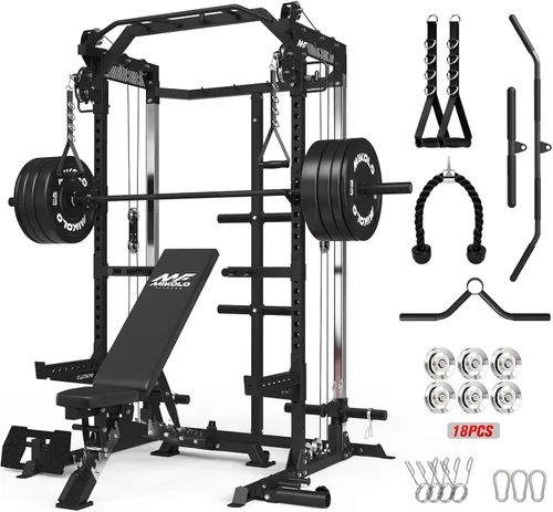 Mikolo HR06 Power Cage with Aluminum Pulleys, 2000LB Power Rack with Independent Dual Pulley System, Multi-Function Home Gym Workout Machine for