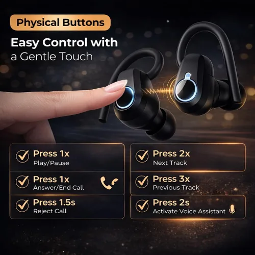 Miniatura 5 de Auriculares inalámbricos Bluetooth 5.3 con ganchos para los oídos, pantalla de alimentación LED de 52 horas de reproducción, IPX7 impermeables