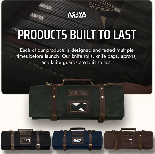 Miniatura 7 de Asaya Bolsa de lona encerada para cuchillos – Bolsa para cuchillos de chef de 15 ranuras con correas de cuero, bolsillo grande con cremallera y Verde