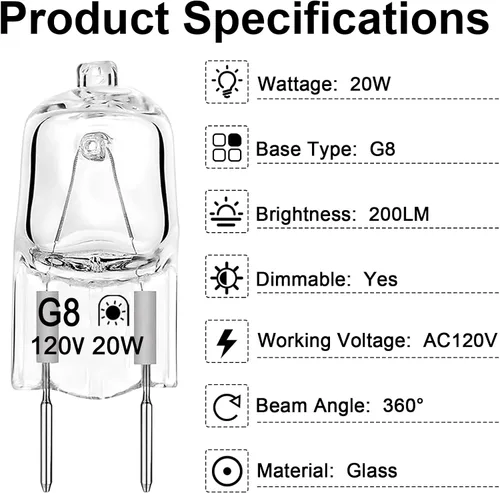 Miniatura 3 de Bombillas halógenas G8 de 20 W 120 V para debajo del gabinete, repuesto de iluminación de disco para debajo del gabinete, T4 JCD tipo G8 base de 2