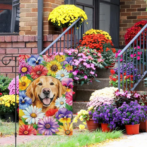 Miniatura 2 de Louise Maelys Bandera de jardín de perro Golden Retriever de bienvenida de 12 x 18 pulgadas, de doble cara, de arpillera, margarita pequeña, diseño