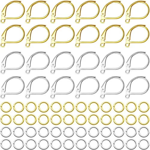 Miniatura 10 de Juego de 200 ganchos para aretes franceses, 100 ganchos hipoalergénicos para aretes, cables de gancho francés, aretes de latón con 100 anillos